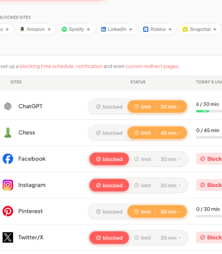 Blocklist showing sites with status badges and usage tracking